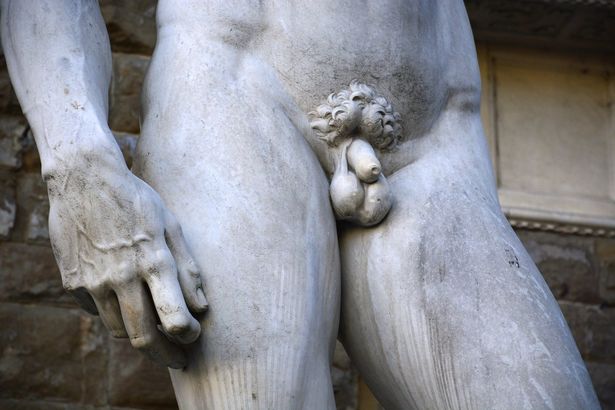 A full-size copy of Michelangelo's marble statue of the Biblical hero David, with an uncircumcised penis. David is demonstrating the correct technique for the tuck and lifting trick here,